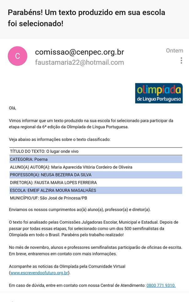 Aluna da Escola Alzira Moura de São José de Princesa participará da etapa regional da Olimpíada de Língua Portuguesa do Brasil 