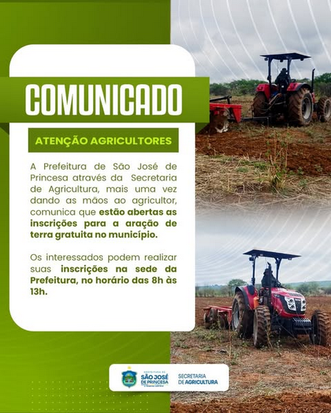 Prefeitura de São José de Princesa abre inscrição para aração de terra gratuita